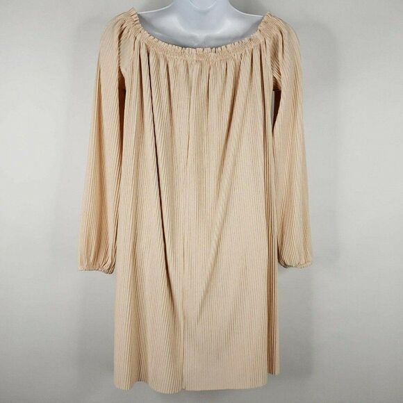 One Clothing Nude Beige On Off Shoulder Pleated Overlay Mini Dress Sz M - Picture 4 of 7